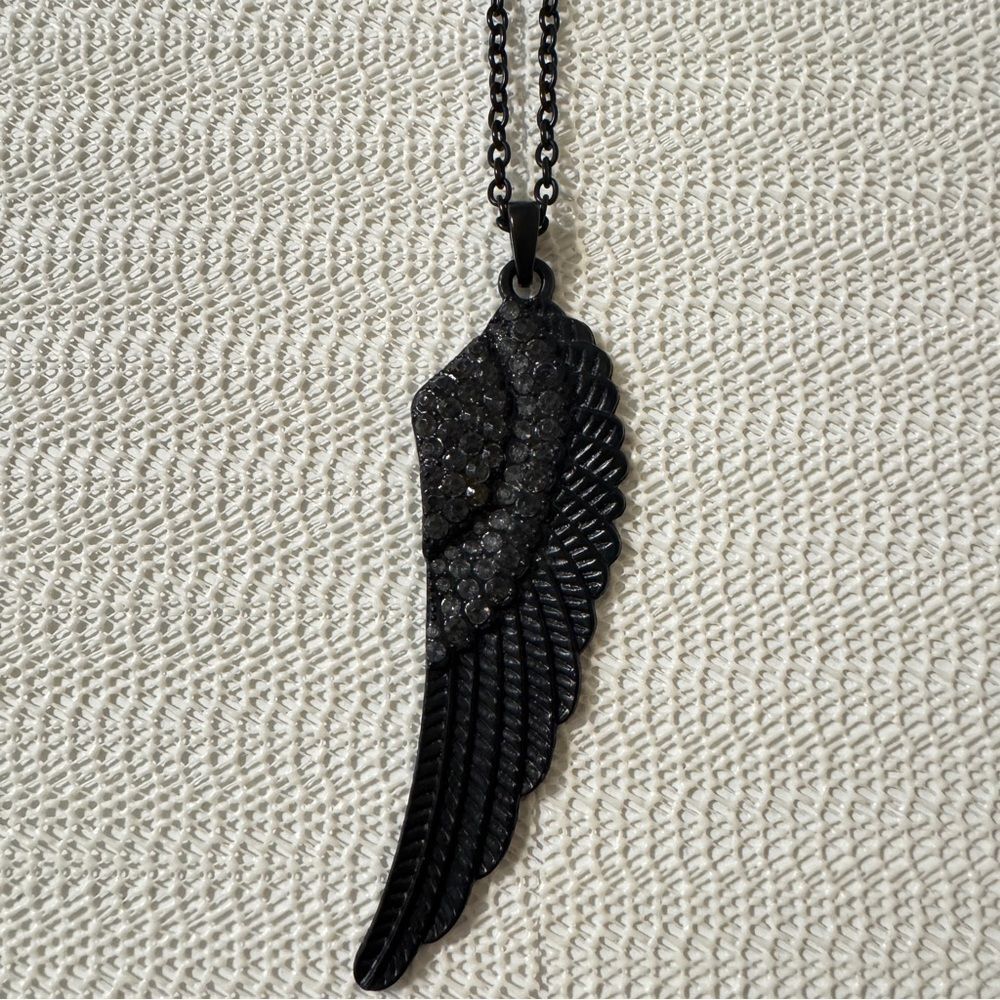 Black Angel Wing Pendant Necklace with Rhinestone Accents - Picture 2 of 5